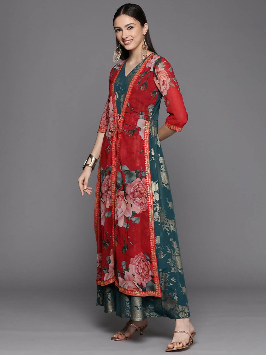 Ahalyaa Women's Green Crepe Gold Smoke Printed Dress | Swadesiicart