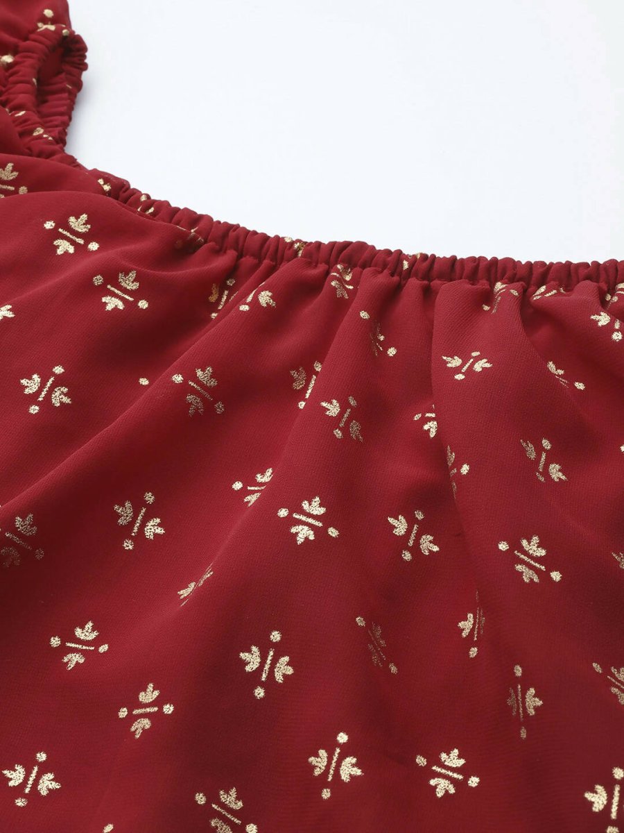 Ahalyaa Womens Maroon Cotton Blend Gold Printed Dress | Swadesiicart