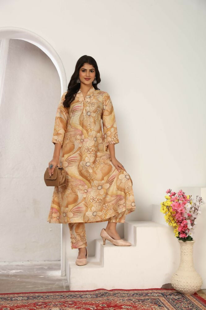 Jyoti Fashion Women's Beige Chanderi Silk Floral Print with Side Pocket Kurtis & Sets | Swadesiicart