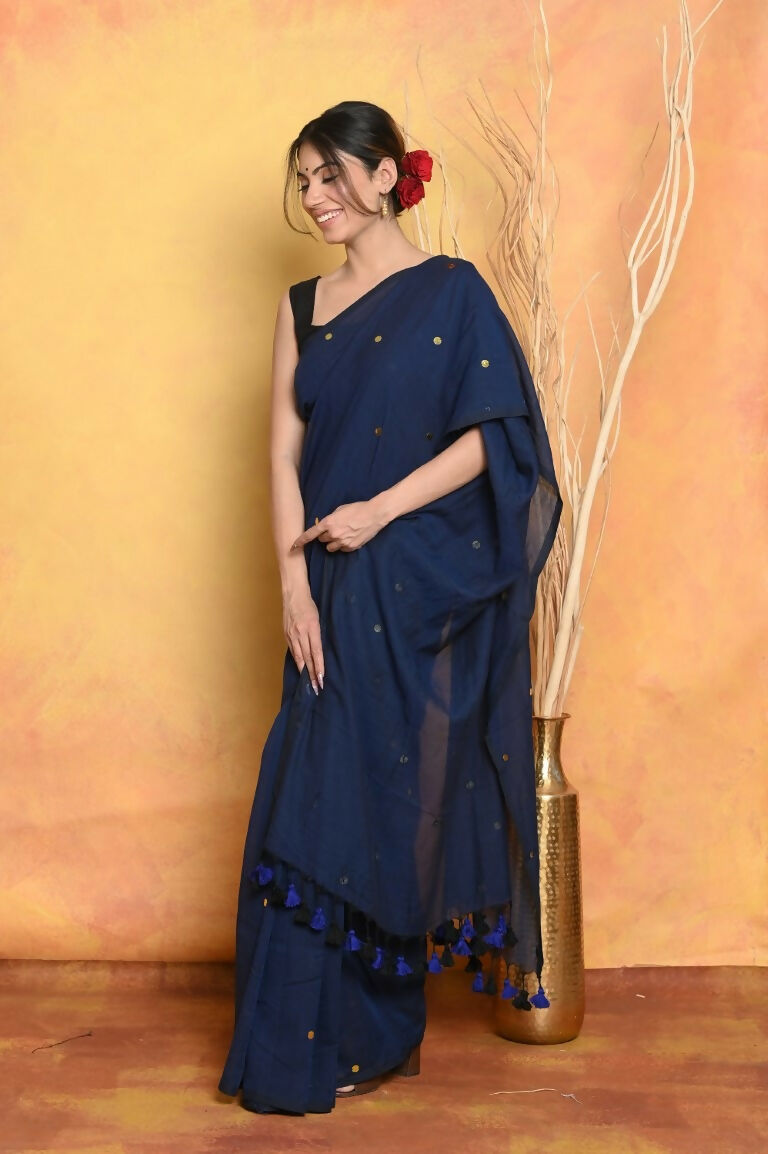 Very Much Indian Pure Mul Cotton Handloom Saree - Dark Blue | Swadesiicart
