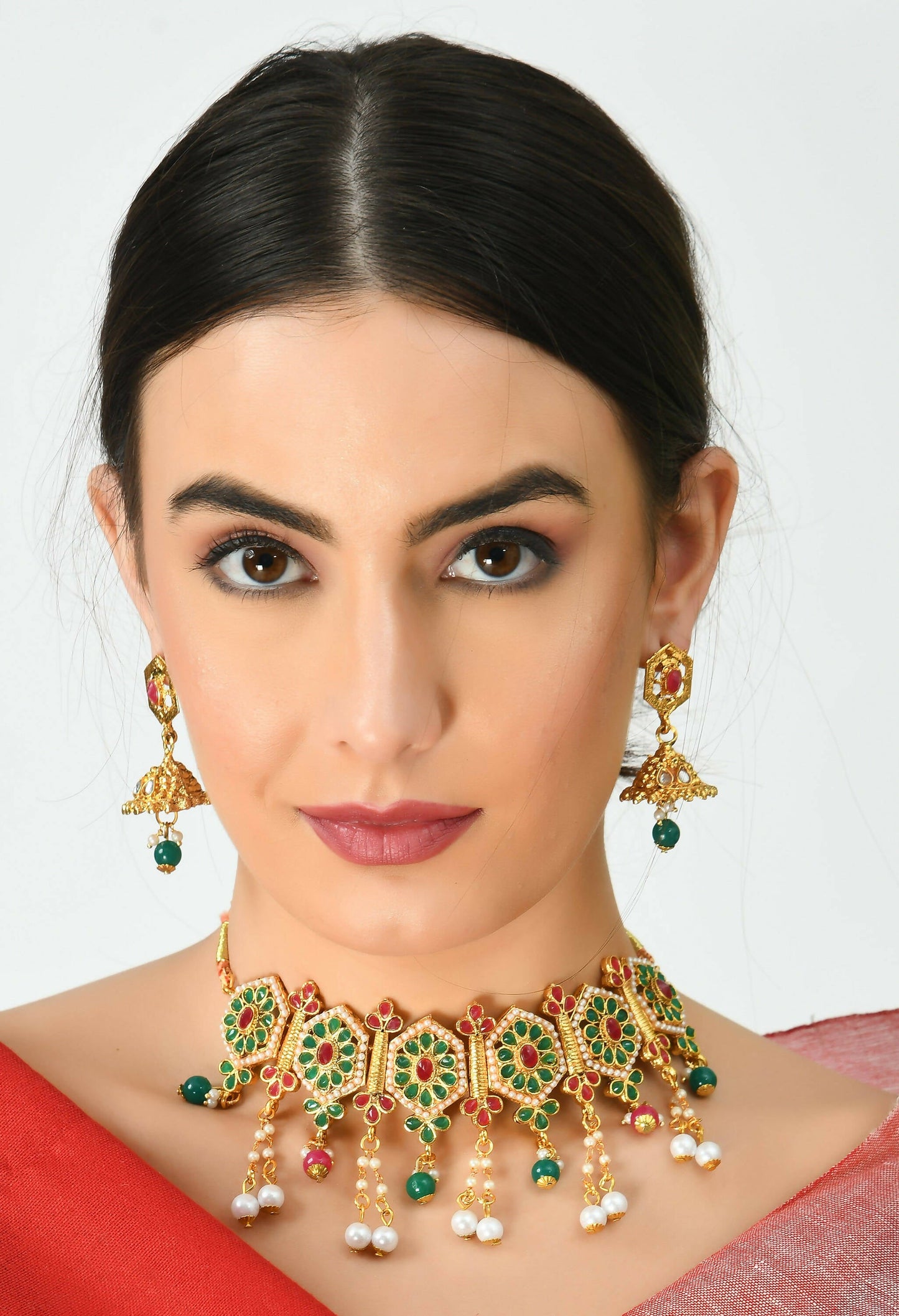 Mominos Fashion Johar Kamal Women Gold-Polished Brass Finish Meena & Pearls Work Choker | Swadesiicart