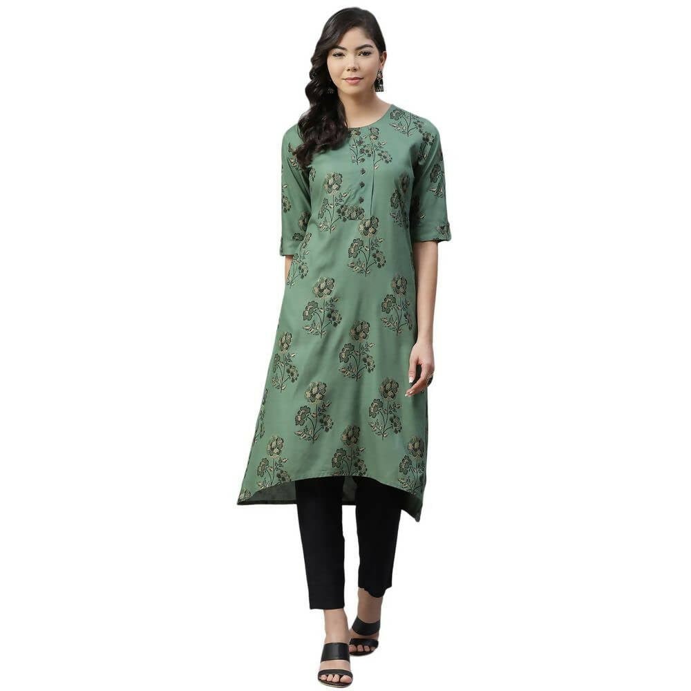 Anubhutee Women's Rayon Regular Floral Printed A-Line Green Kurta with Trousers | Swadesiicart