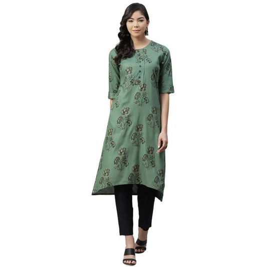 Anubhutee Women's Rayon Regular Floral Printed A-Line Green Kurta with Trousers | Swadesiicart