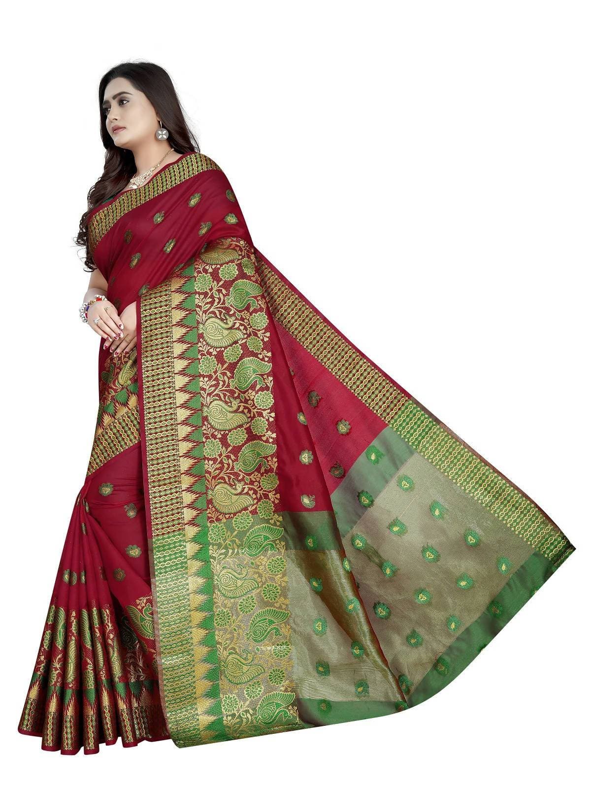 Vamika Banarasi Jaquard Red Weaving Saree With Green Blouse | Swadesiicart