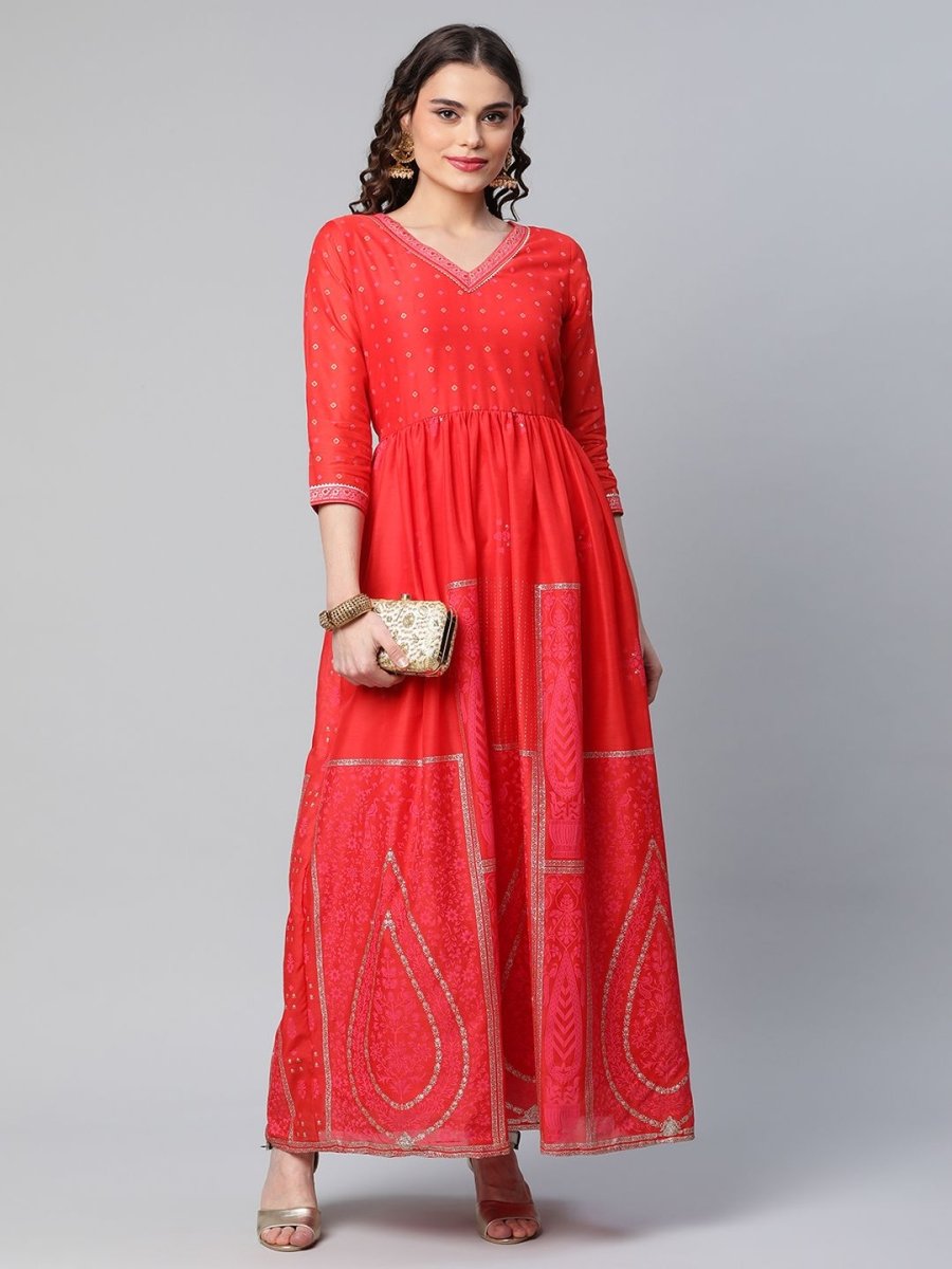 Ahalyaa Women Red Chanderi Khari Printed Dress | Swadesiicart