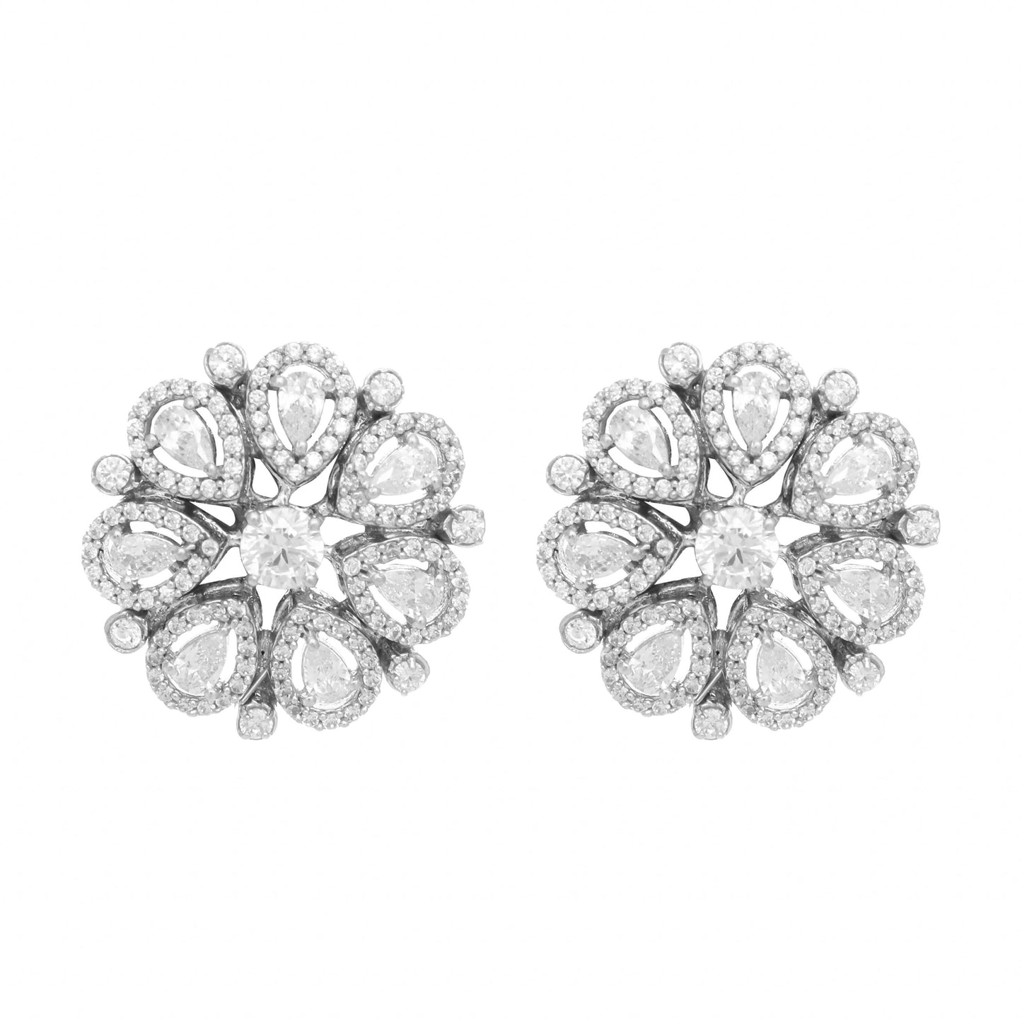 Nuyug Rhodium-Plated Zircon Studded Floral Statement Stud Earrings | Swadesiicart