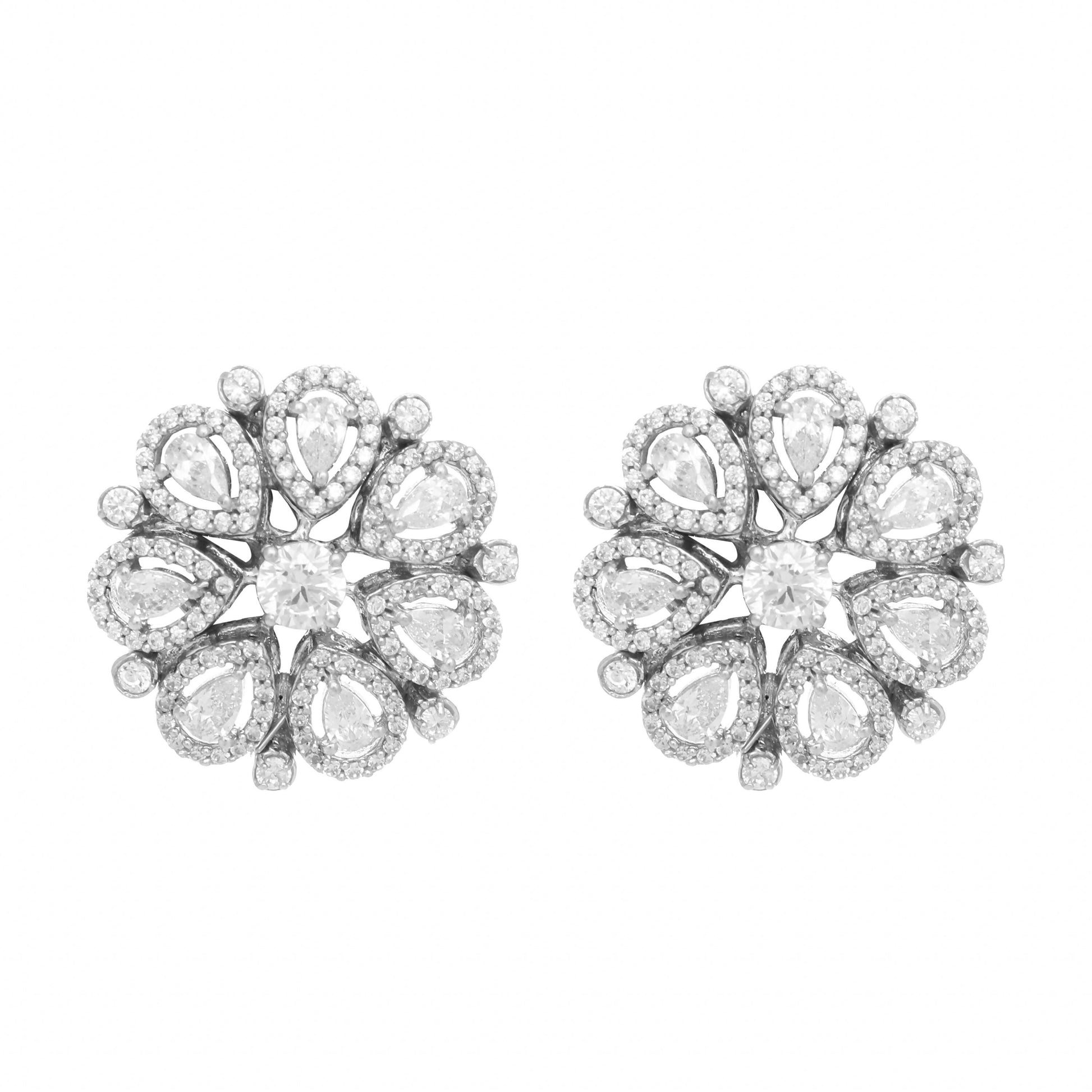 Nuyug Rhodium-Plated Zircon Studded Floral Statement Stud Earrings | Swadesiicart