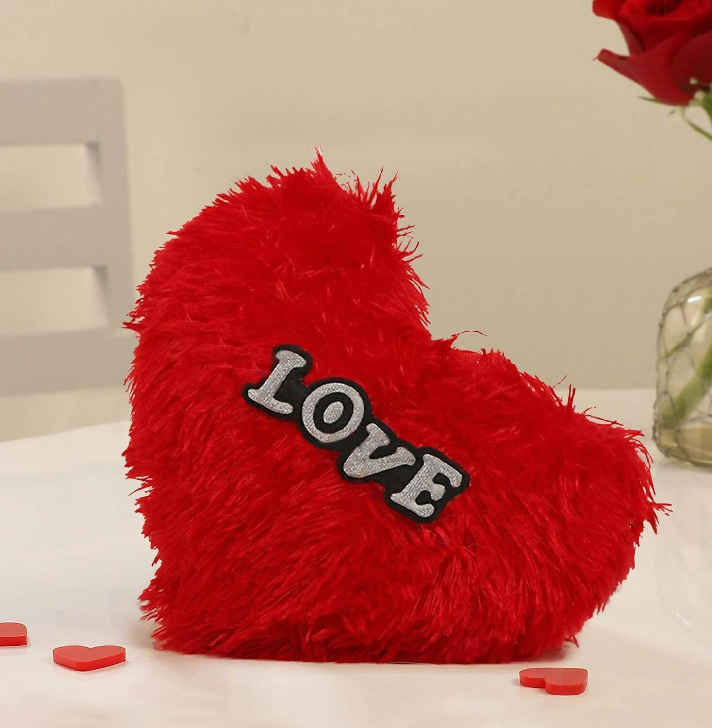 Tied Ribbons Valentine Gift With Heart Shape Pillow Fur Cushion (Red) | Swadesiicart