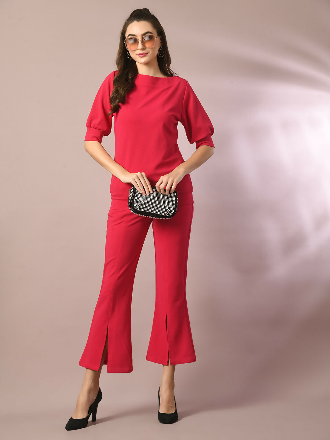 Myshka Women's Pink Solid Boat Neck Party Top With Trousers Co-ord set - Swadesiicart