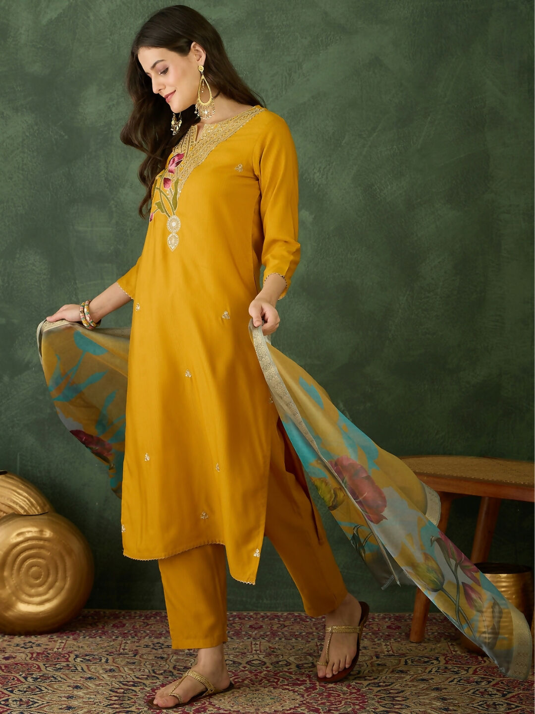 The52 Mustard Women's Beautiful Rayon Fabric Embroidered Work Straight Kurta, Pant and Dupatta Set - Swadesiicart