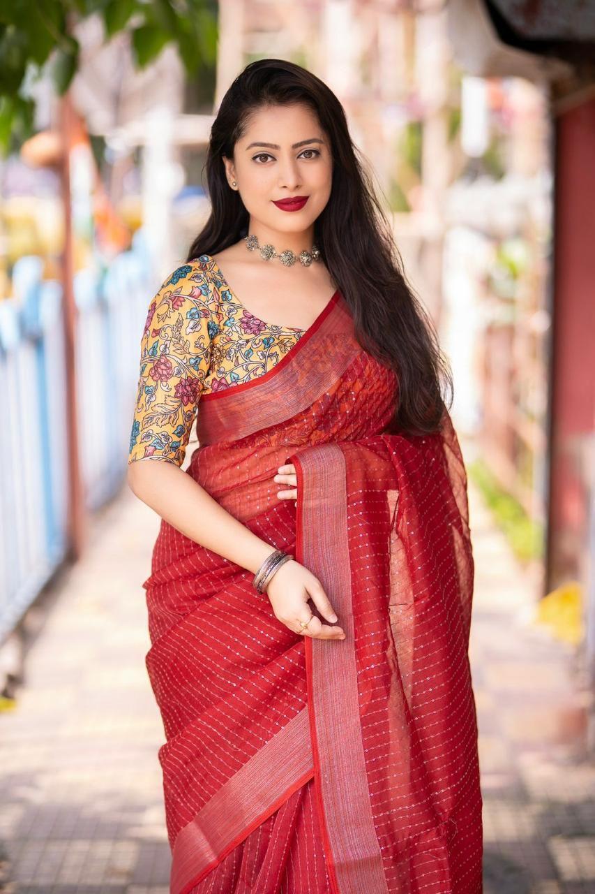 Red Linen Sequence Saree with Unstitched Blouse - Hiral Fashion | Swadesiicart