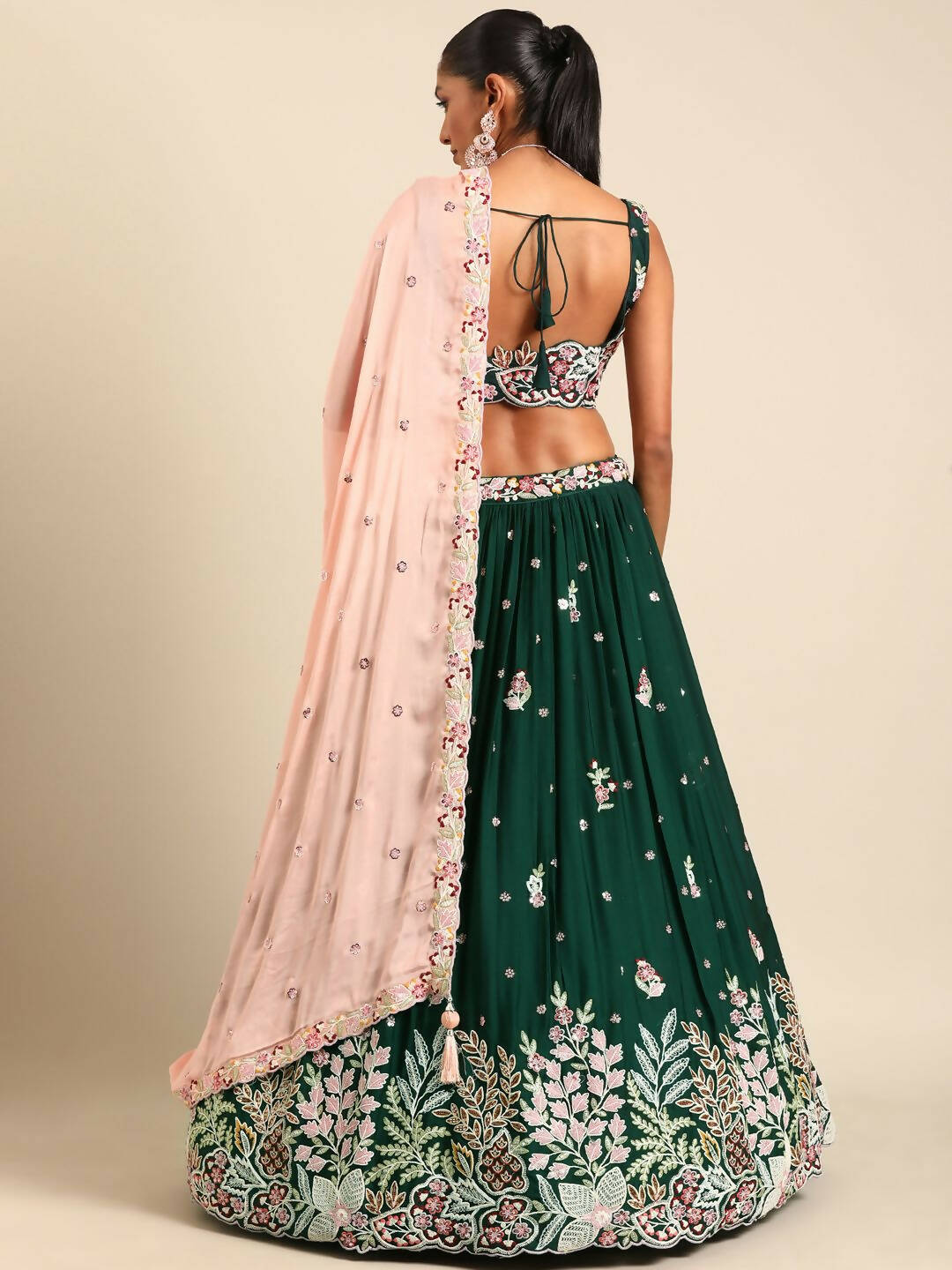 House of Panchhi Green Georgette Sequins and thread embroidery Lehenga choli & Dupatta | Swadesiicart