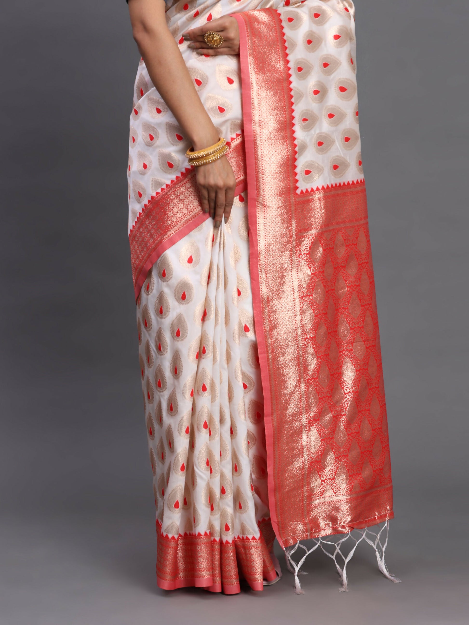Astita Banarasi Silk Red & White Saree | Swadesiicart