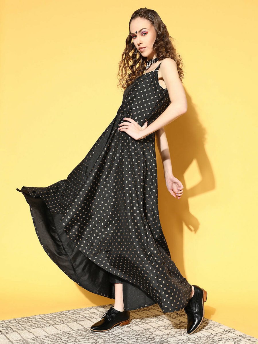 Ahalyaa Women Black Colour Poly Silk Gold Printed Kurta Pant Set | Swadesiicart