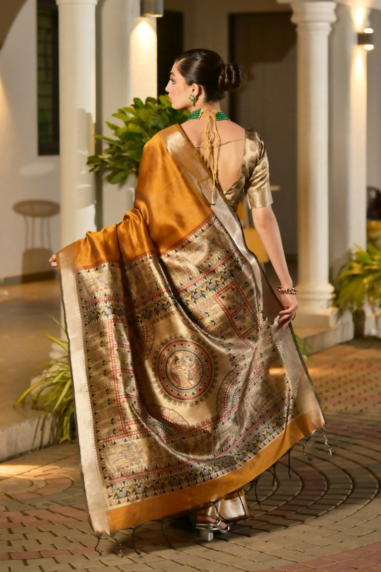 Vishnu Weaves Women's Yellow Soft Tussar Silk Printed Saree with Blouse - Swadesiicart