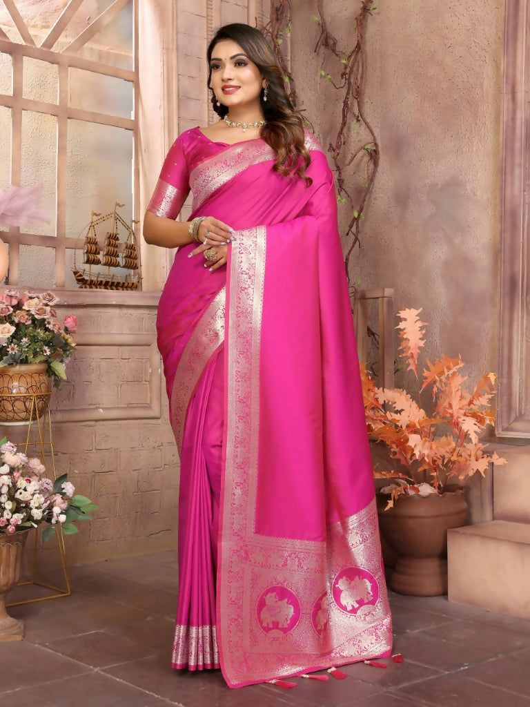 Anaita Dark Pink Banarasi Silk With Beautiful Gala Weaving Saree With Blouse | Swadesiicart