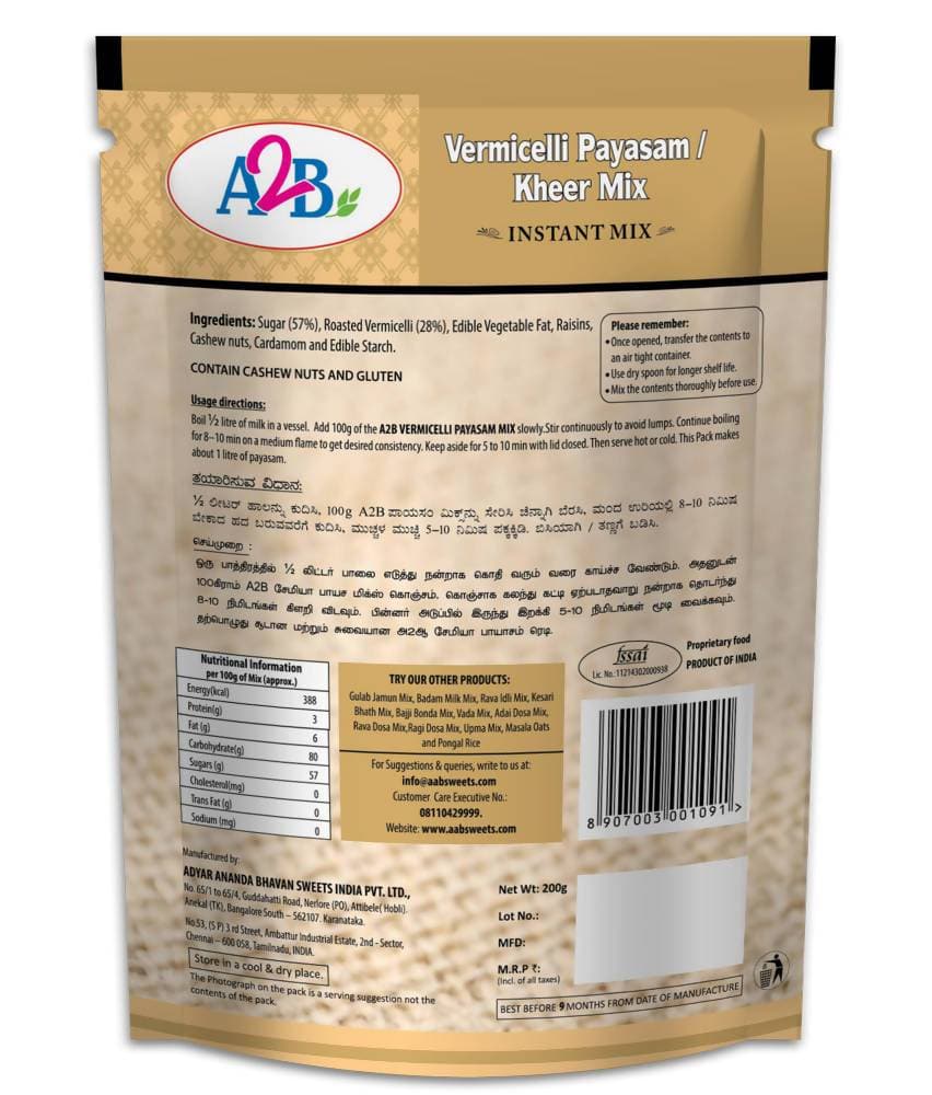 A2B - Adyar Ananda Bhavan Vermicelli Payasam / Kheer Mix - Swadesiicart