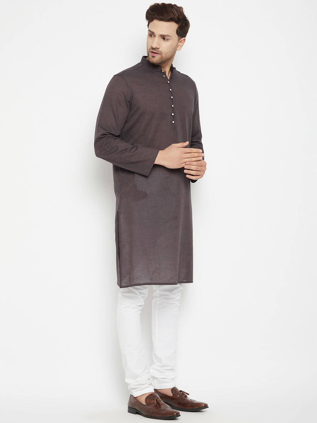 Even Apparels Brown Pure Cotton Long Men's Kurta With Band Collar | Swadesiicart
