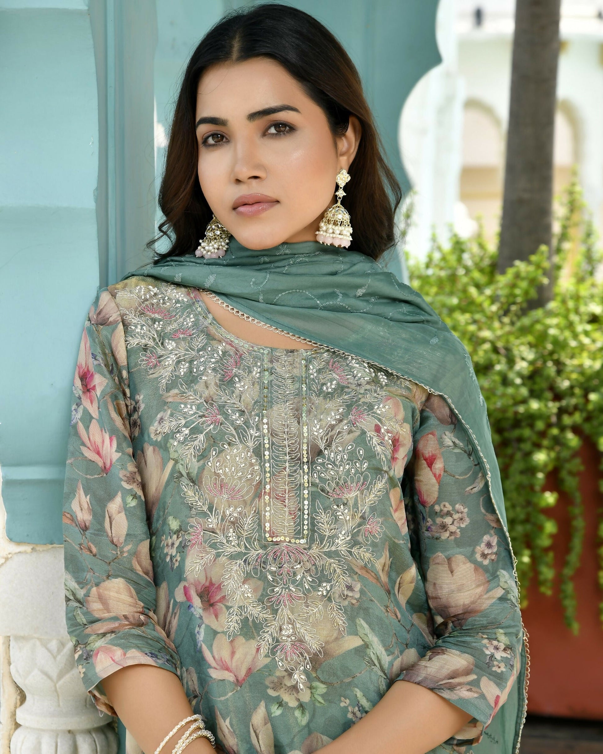 Vaasva Women's Teal Tissue Embroidered Suit Set With Solid Pant And Embroidered Dupatta | Swadesiicart