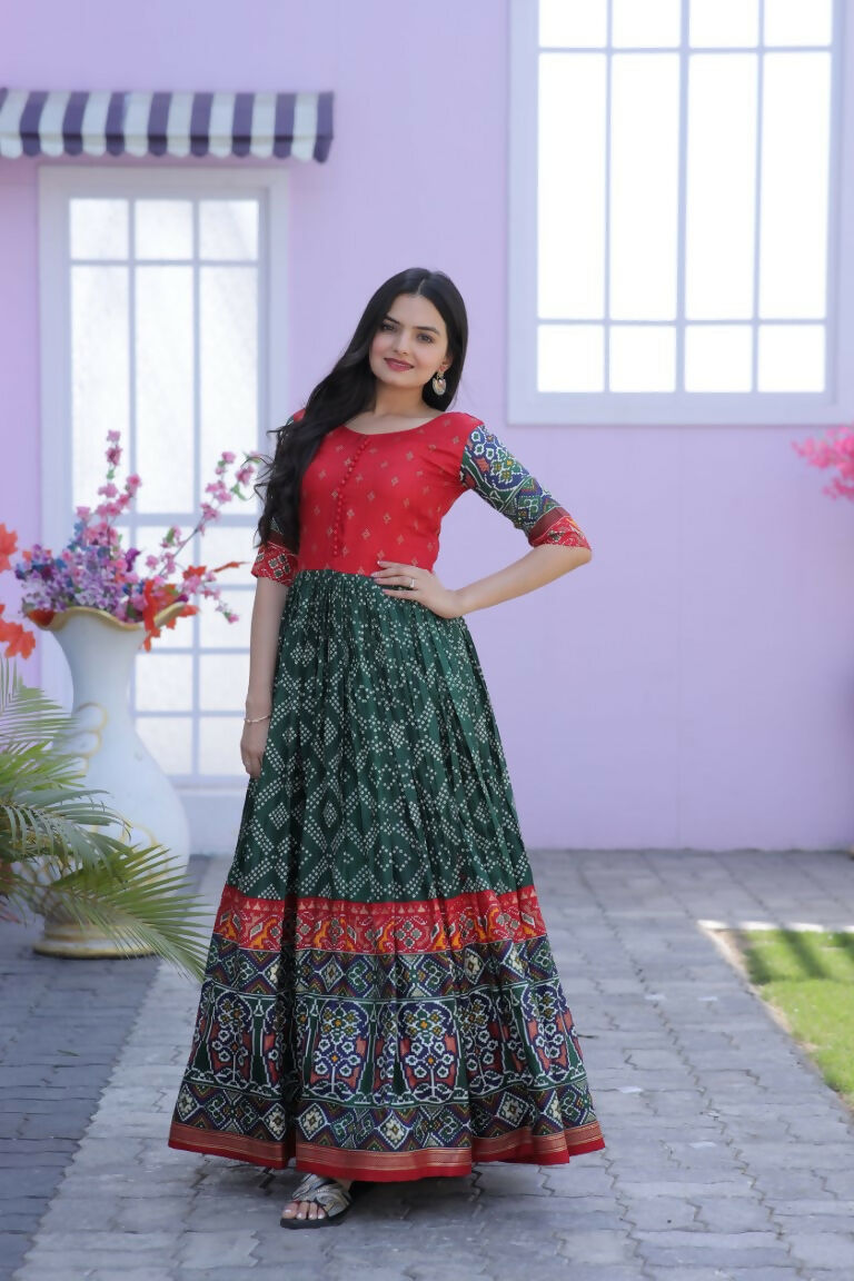 Jyoti Fashion Women's Bottle Green Patola with Foil Print Dola Silk Anarkali Dress | Swadesiicart
