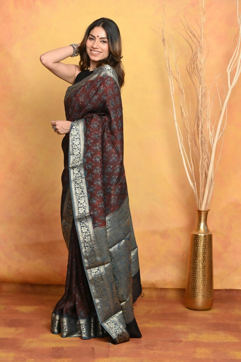 Very Much Indian Modal Silk Ajrakh Handblock Printed Natural Dyes With Designer Border Saree - Dark Maroon | Swadesiicart