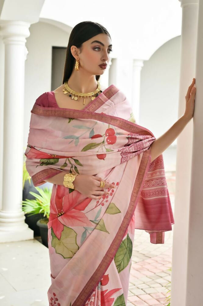 Vishnu Weaves Women's Pink Satin Silk Printed Saree with Blouse - Swadesiicart