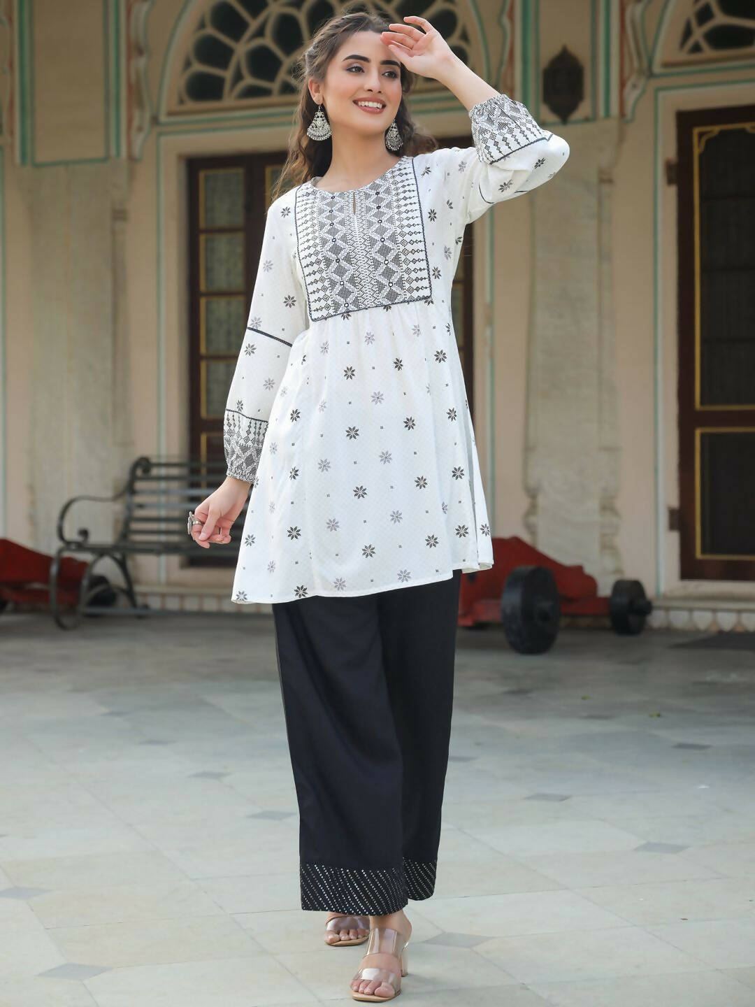 Juniper Women's White Rayon Staple Printed Straight Clothing Set | Swadesiicart
