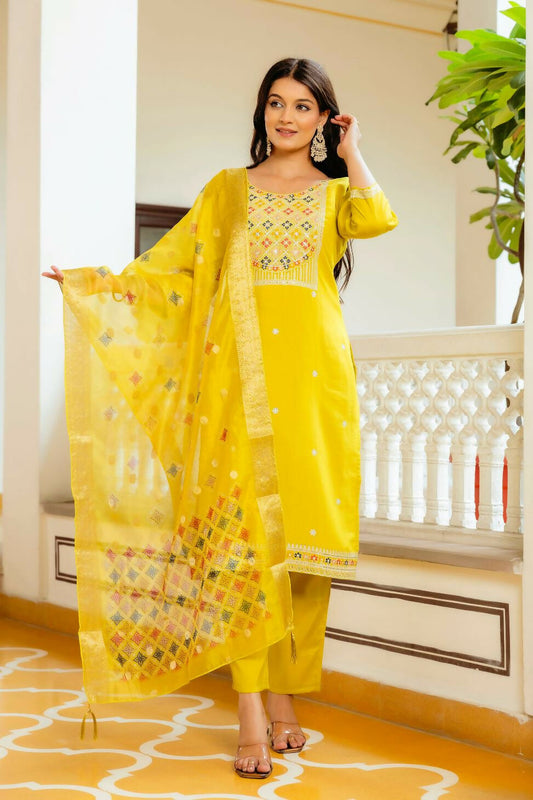 The52 Yellow Women's Beautiful Embroidered Viscose Shimmer Fabric with Straight Kurta, Pant and Dupatta Set - Swadesiicart