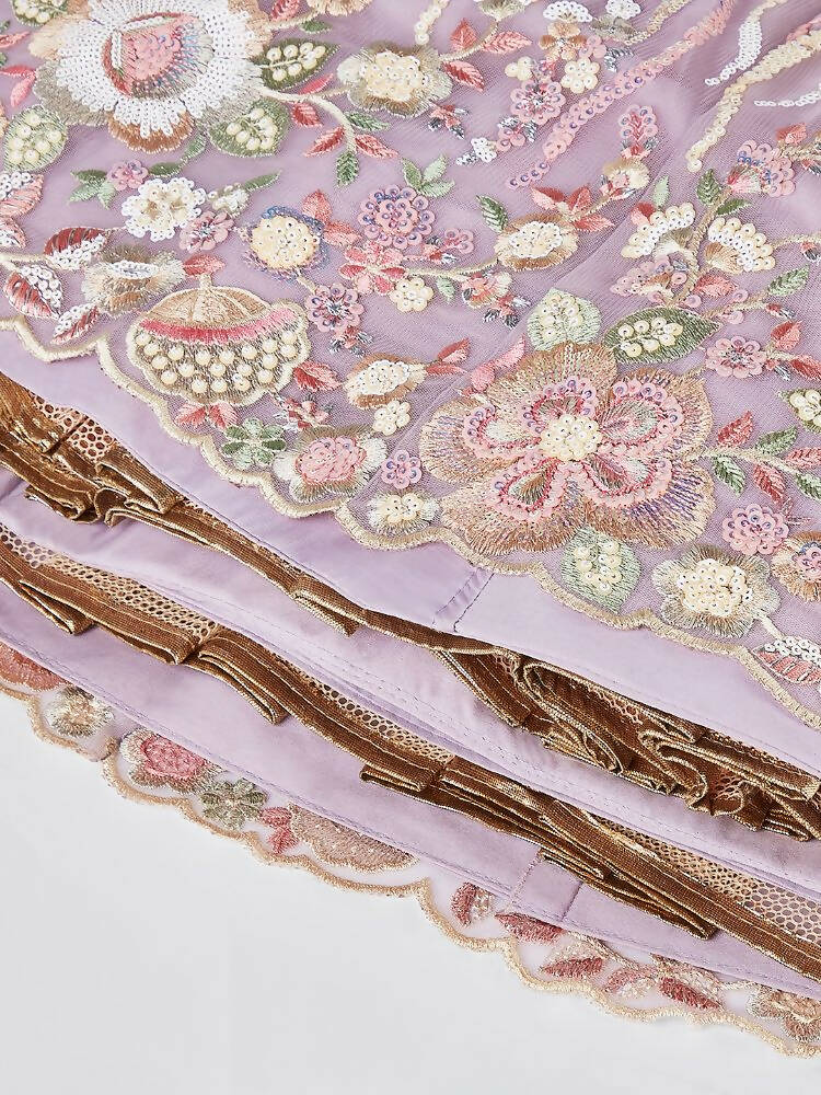 House of Panchhi Mauve Net Sequins And Thread Embroidery Lehenga Choli & Dupatta | Swadesiicart