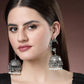 NVR Women's Silver Plated Pearl Beaded Oxidised Contemporary Jhumka Earrings | Swadesiicart