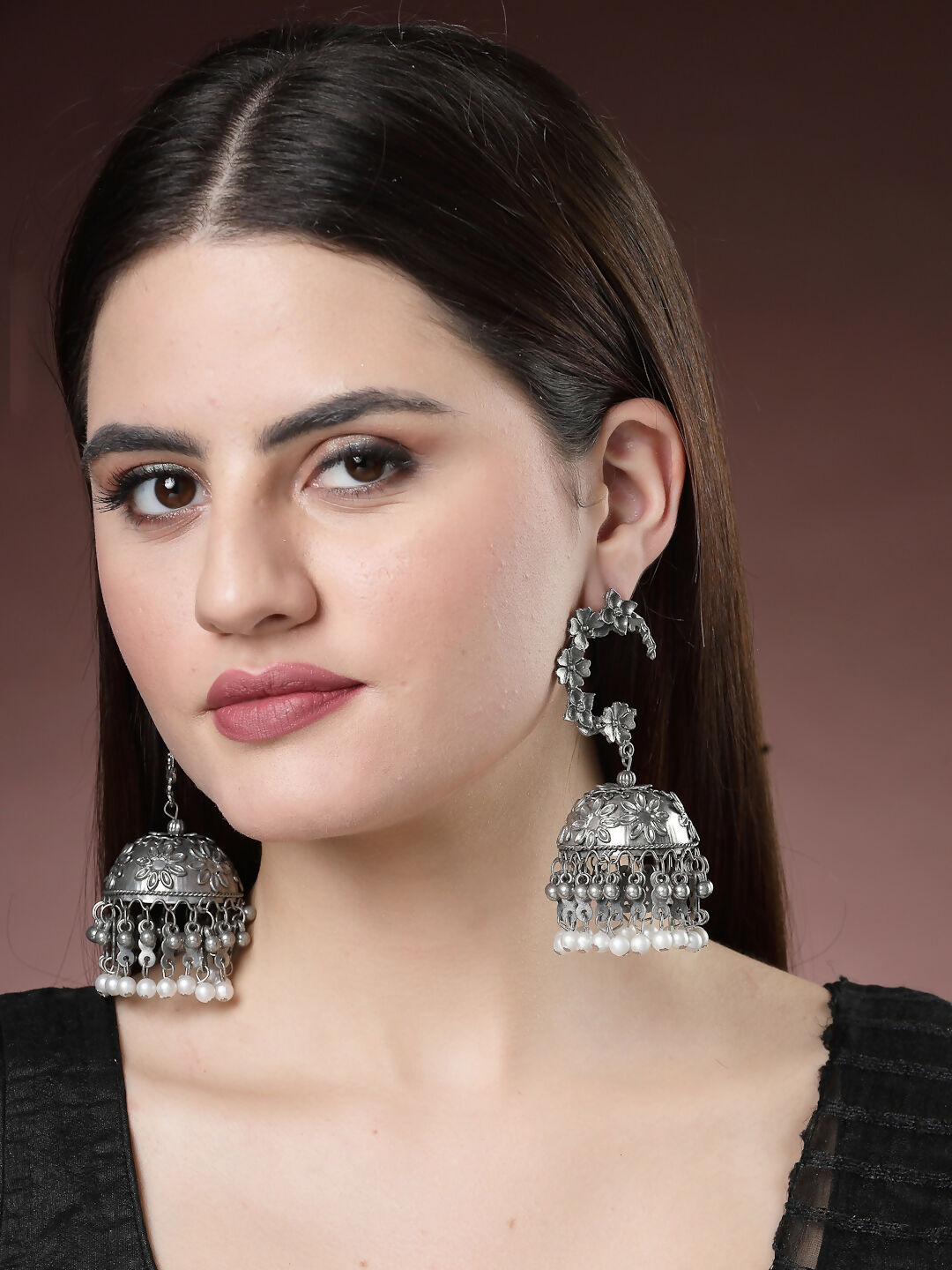 NVR Women's Silver Plated Pearl Beaded Oxidised Contemporary Jhumka Earrings | Swadesiicart