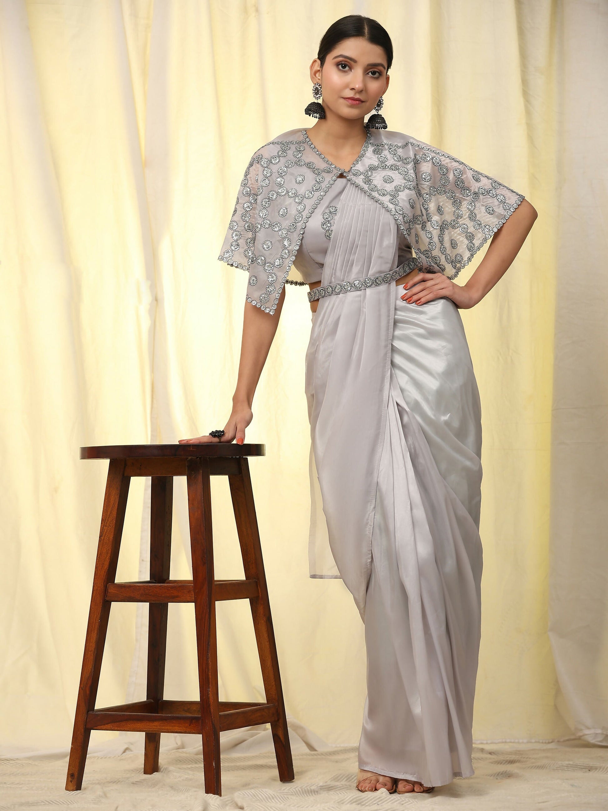 Grey Satin Solid Ready to wear Saree with stitched Blouse - Vanita | Swadesiicart