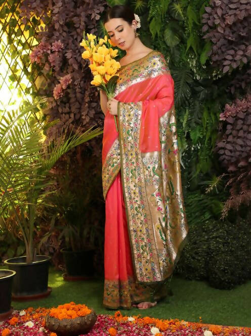 Vishnu Weaves Women's Gajri Paithani Silk Zari Woven Saree with Unstitched Blouse - Swadesiicart