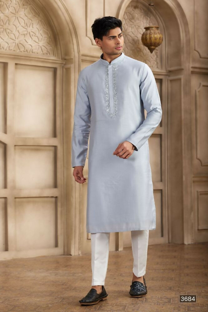 Raivat Ethnic Banarasi Art Silk Mirror Work Kurta Pajama In Sky Blue Colour | Swadesiicart
