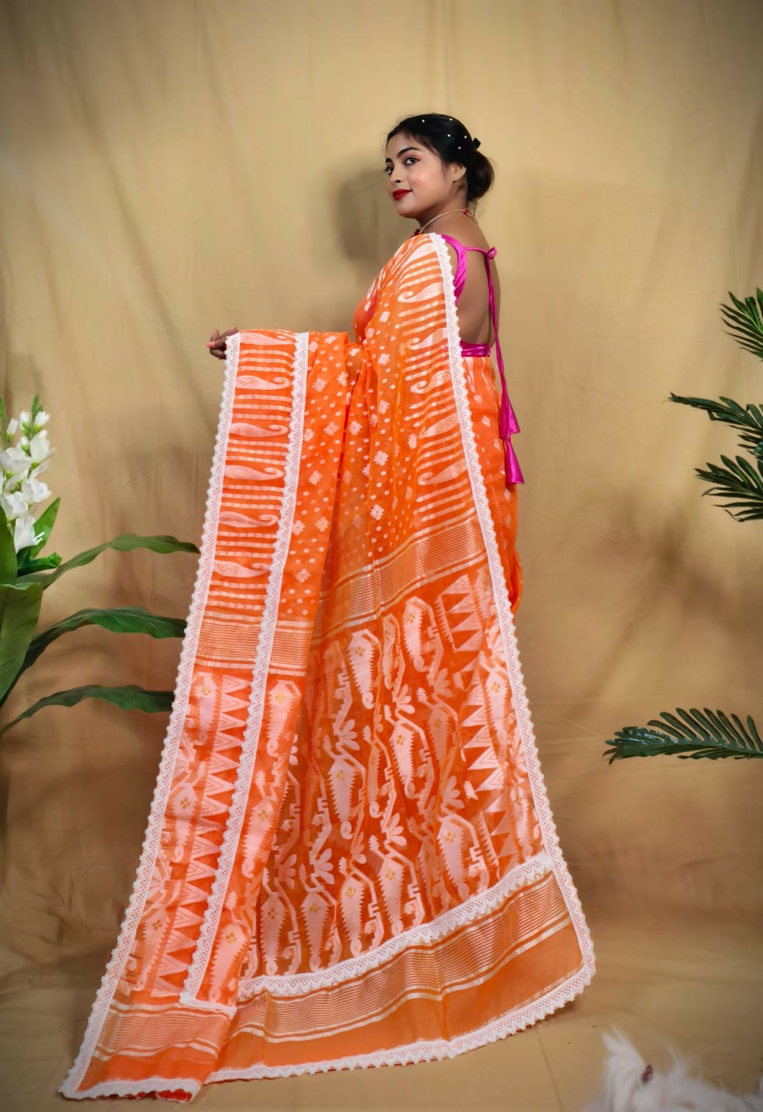 Exclusive Collection Beautiful Orange Jaal Jamdani Saree - Swadesiicart