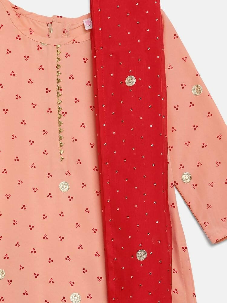 Ahalyaa Peach Crepe Gold Printed Kids Kurta Sets With Dupatta For Girls | Swadesiicart