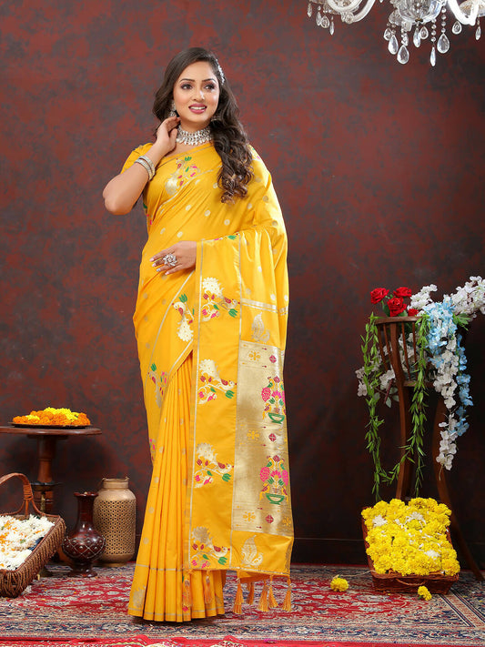 Lorenvalley Fashion Gold Soft Paithani Silk Woven Design Gold Zari Meenakari Weaving Saree - Swadesiicart