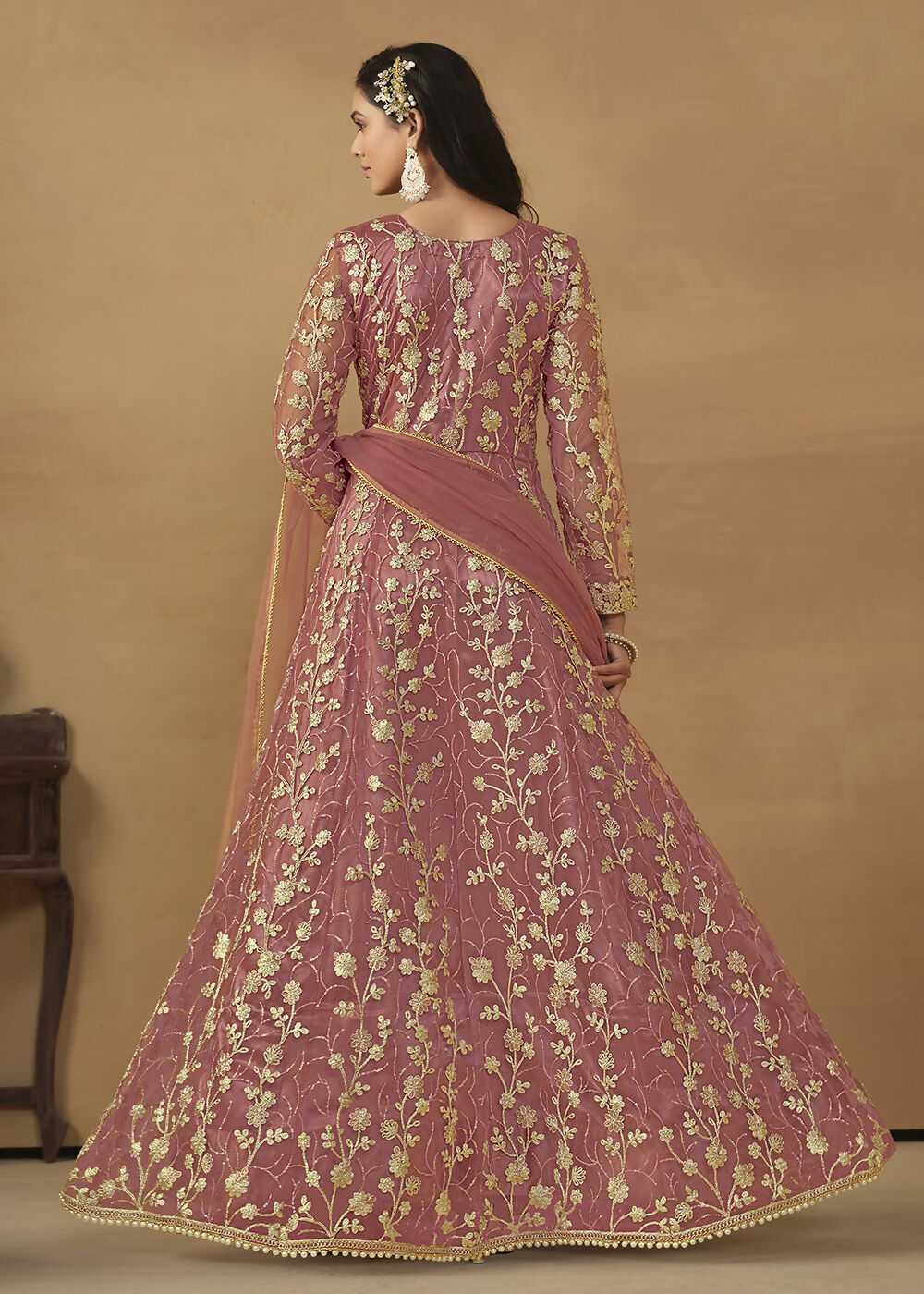 Pant Style Coral Pink Embroidered Net Wedding Anarkali Suit - Emponline | Swadesiicart