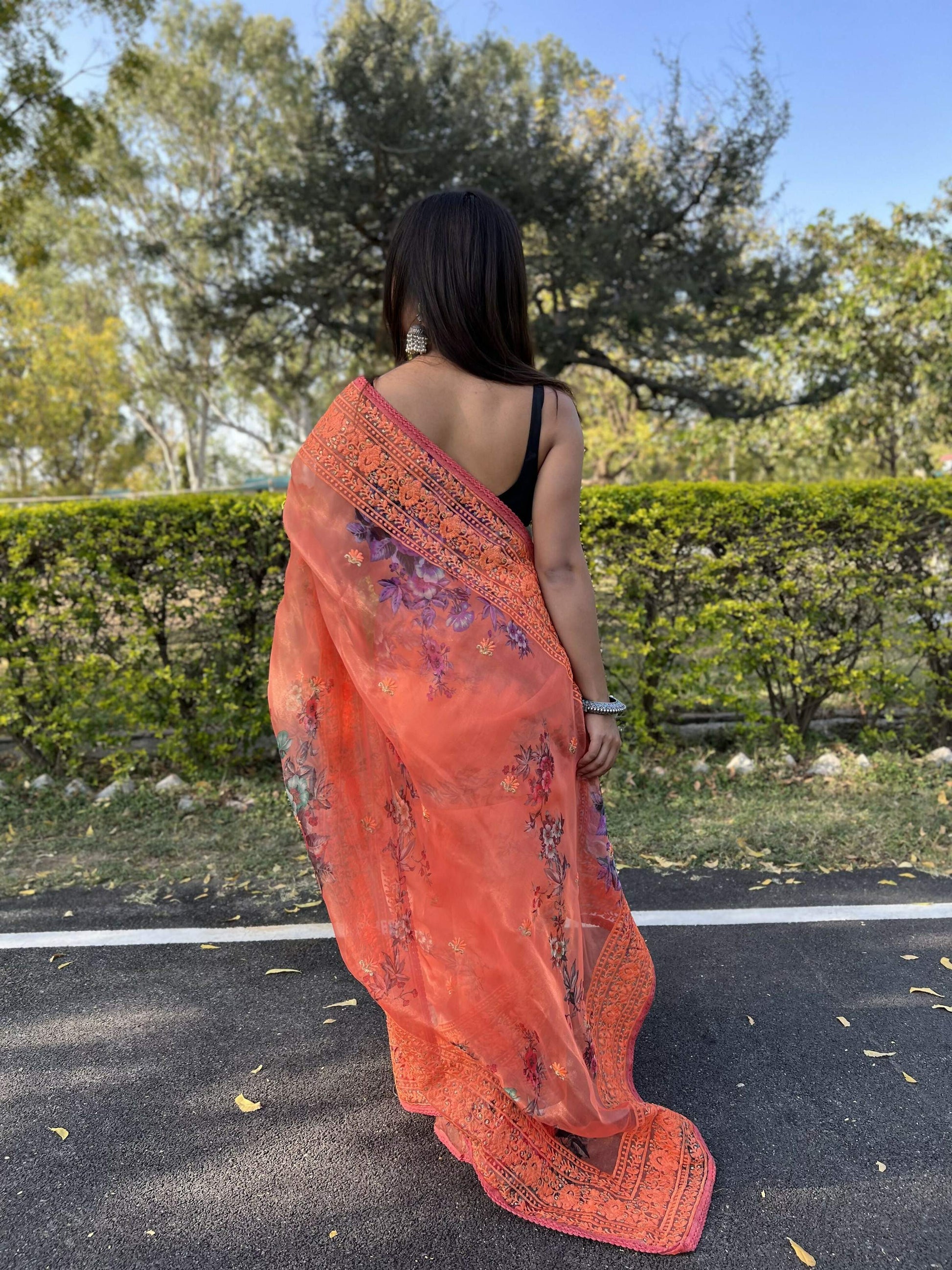 Vamsee Vidhi 1 Orange Organza Saree - Swadesiicart