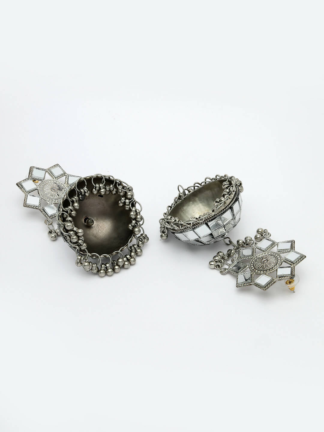 NVR Women Silver Mirror Oxidised Brass-Plated Jhumka Earrings | Swadesiicart