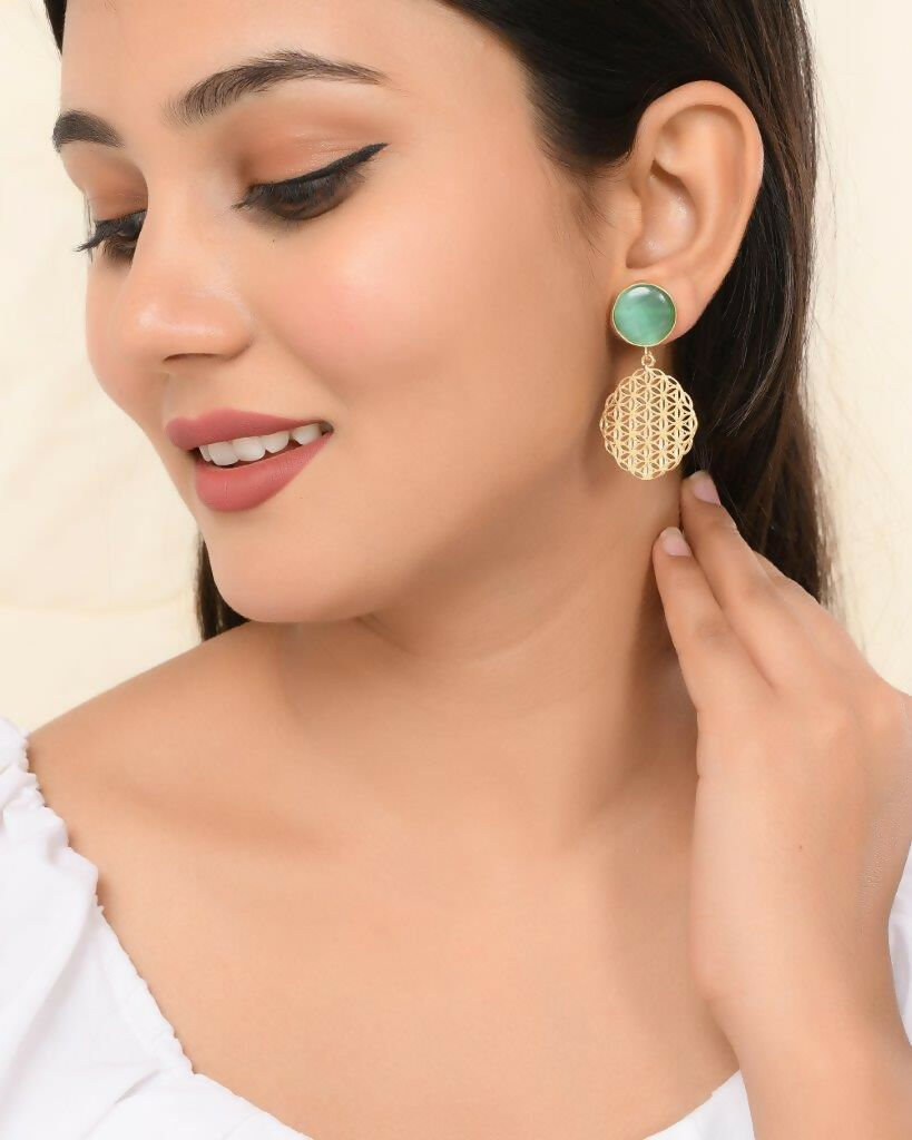 VOJ One Gram Gold-Polished Teal Colored Stone Studded Earrings - Swadesiicart