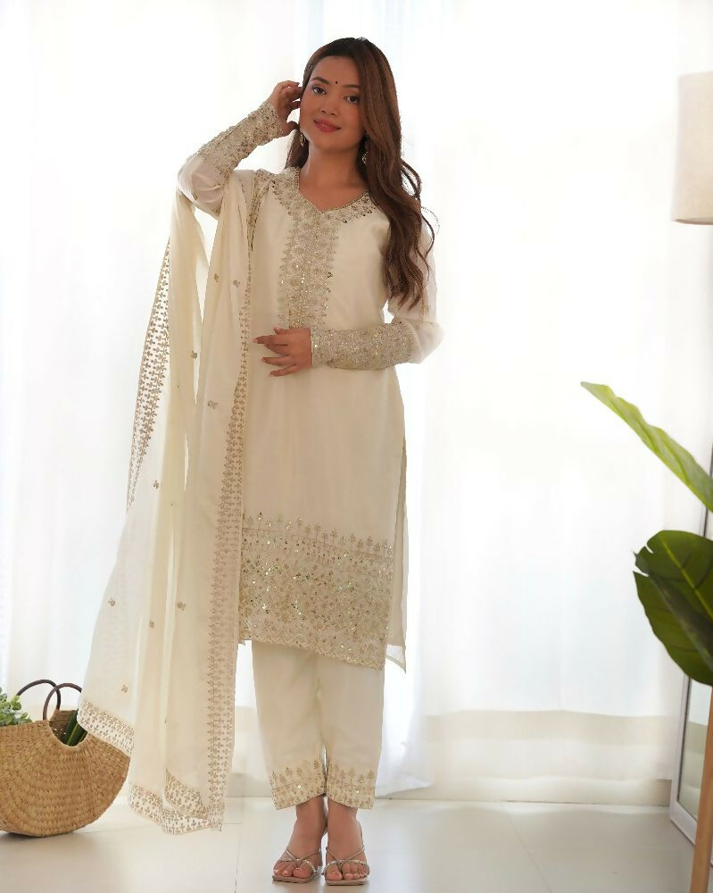 Joban Fashion White Kurta Set Silk Sequence Embroidery Work - Swadesiicart