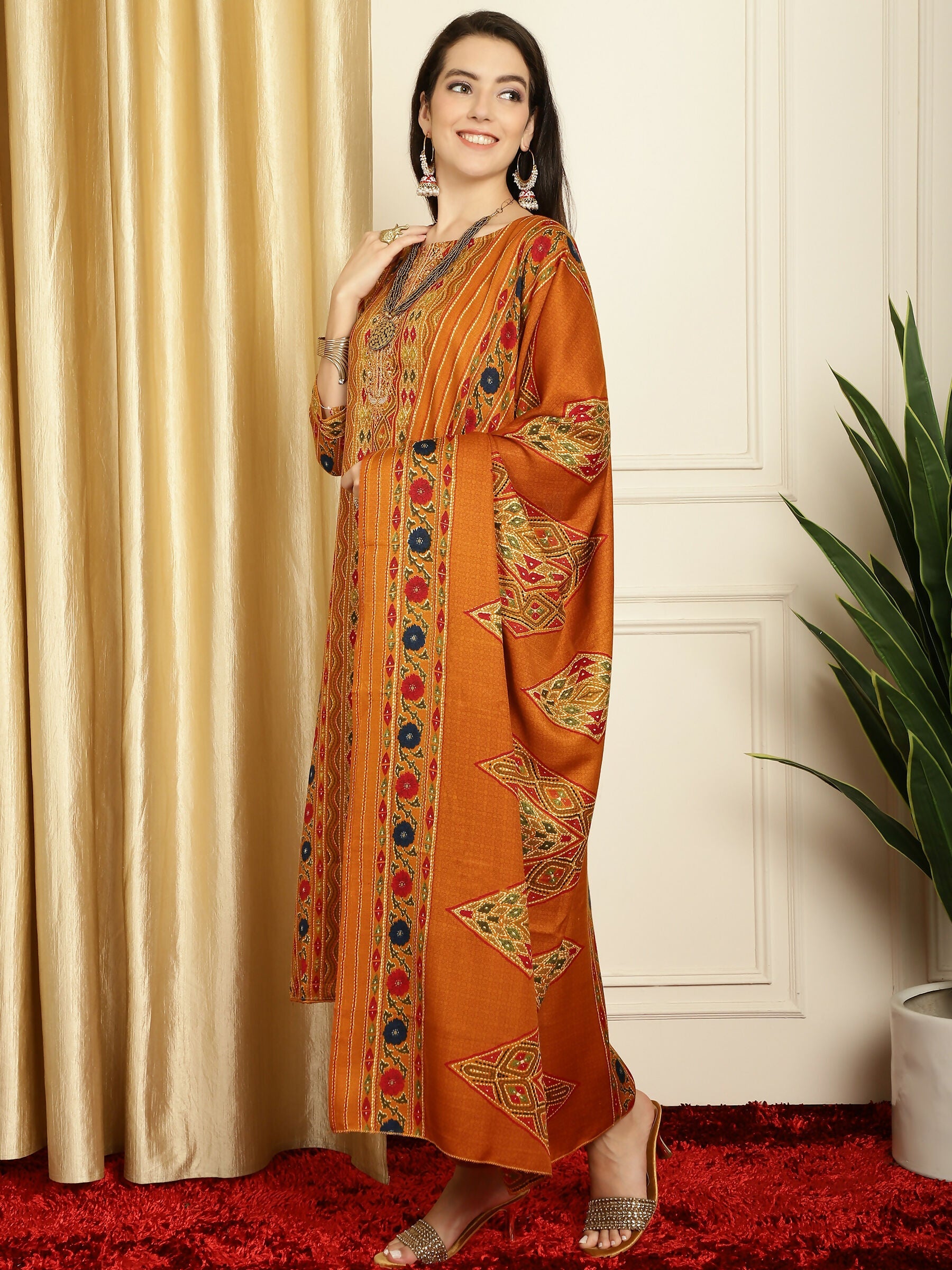 Jyoti Fashion Women's Mustard Pashmina Floral Digital Printed Kurta with Trouser & Dupatta | Swadesiicart