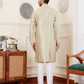 Beige Viscose Woven Jacquard Work Men's Rajwadi Kurta Set - Mahotsav