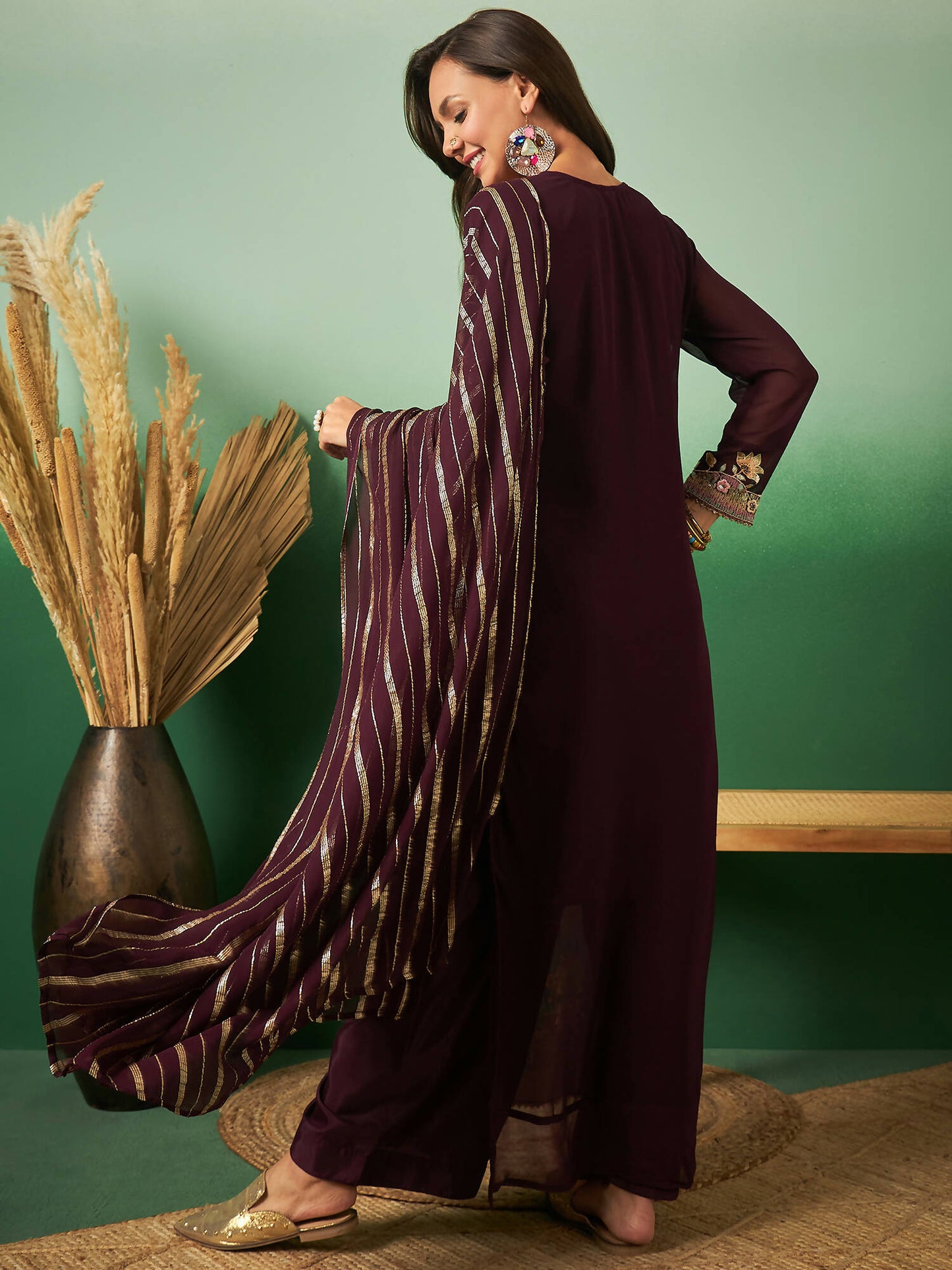 Wine Georgette Handwork Unstitched Dress Material - Hanika | Swadesiicart