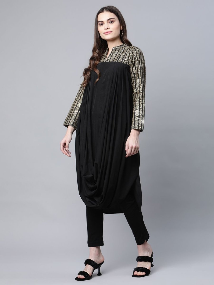 Ahalyaa Womens Black Crepe Rubber Print Cowl Style Kurta | Swadesiicart
