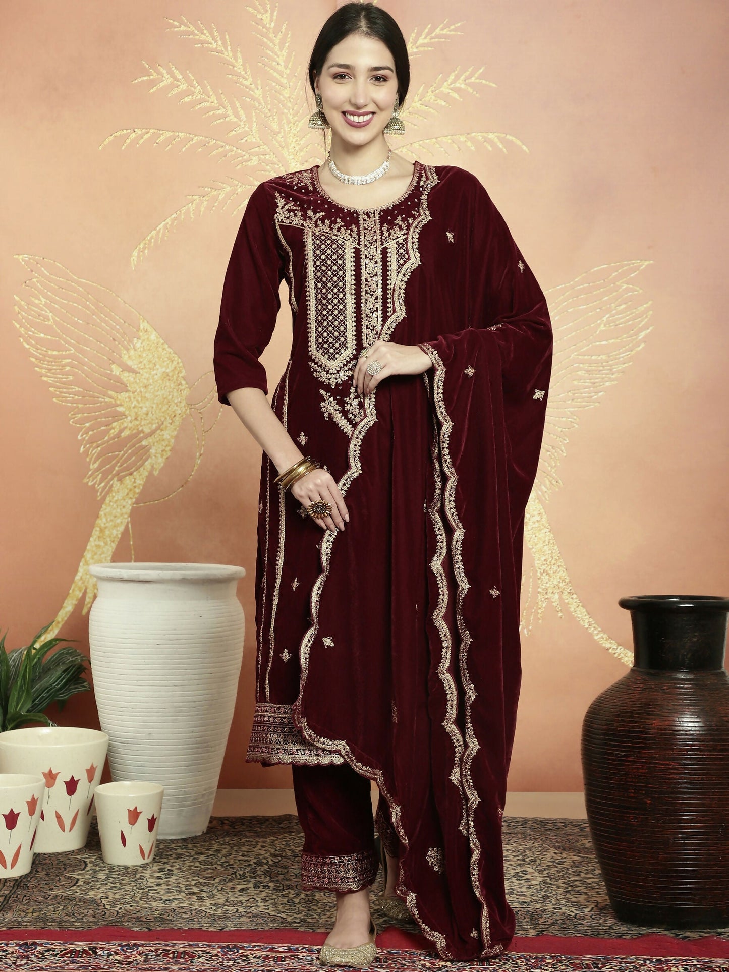 Jyoti Fashion Women's Maroon Velvet Cording with Resham Thread & Sequin Kurta with Trouser & Dupatta | Swadesiicart