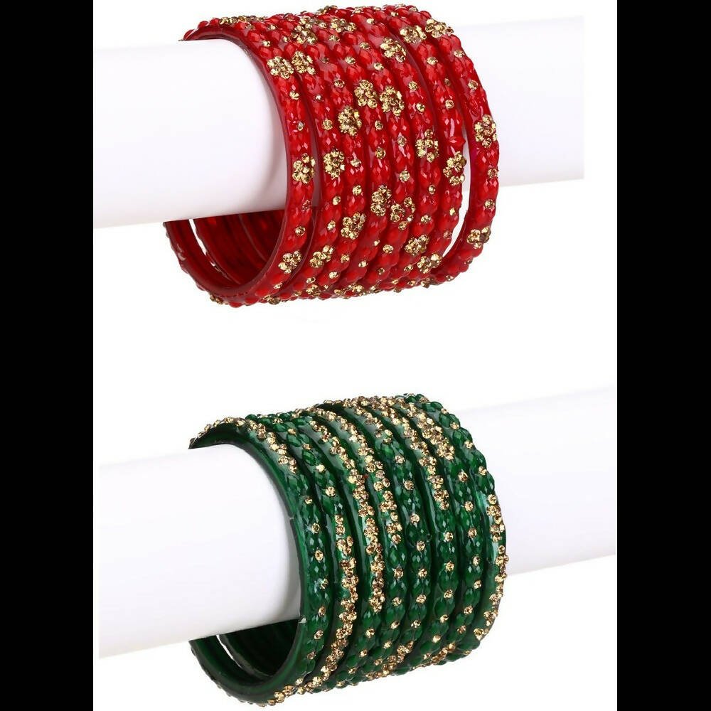 Afast Bridal Wedding & Party Fashionable Colorful Glass Bangle/Kada Set, Pack Of 16 - Red, Green - Afast Enterprises