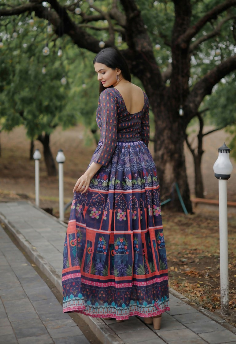 Jyoti Fashion Women's Purple Heavy Digital Printed Pure Chanderi Anarkali Dress | Swadesiicart