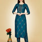 Jyoti Fashion Women's Teal Viscose Rayon Embroidered Kurta Pant Set | Swadesiicart